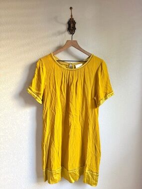 Anthropology Maeve Gold Embroidered Short Sleeve Swing Dress
